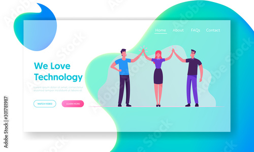 Business Colleagues Giving Highfive in Office Website Landing Page. Businesspeople Rejoice for Good Job, Successful Project, Victory Goal Achievement Web Page Banner. Cartoon Flat Vector Illustration