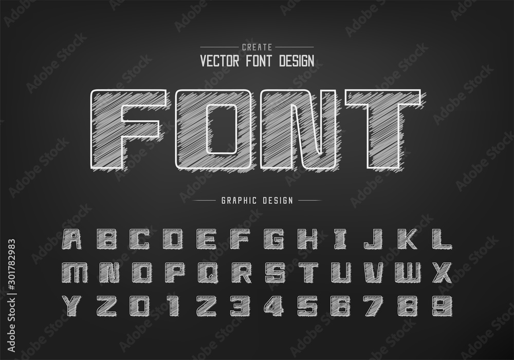 Chalk font and bold alphabet vector, Hand draw square typeface letter and number design