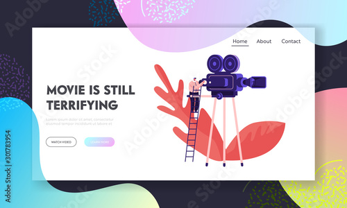 Moviemaking Studio Process Website Landing Page. Video Operator Stand on Ladder at Huge Camera. Entertainment Industry Staff at Work, Cinematograph Web Page Banner. Cartoon Flat Vector Illustration