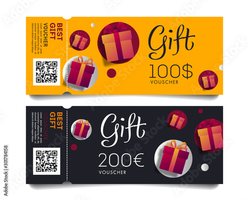 Gift Voucher Template of torn-off tickets oe invitation with Monetary Value and Present Boxes, discount advertising