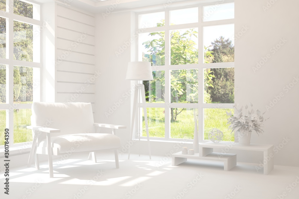 Fototapeta premium Mock up of stylish room in white color with armchair and green landscape in window. Scandinavian interior design. 3D illustration