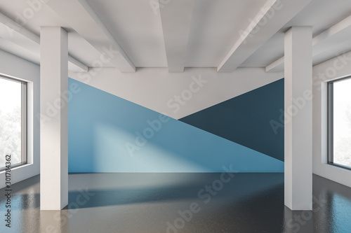 Empty blue, gray and white room with columns