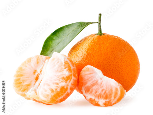 Ripe tangerine with a leaf, peeled half and slice on a white, isolated.