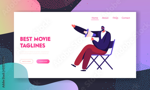 Filmmaking Activity Website Landing Page. Moviemaking Studio Director with Megaphone Sitting on Chair, Entertainment Industry Staff Working Process Web Page Banner. Cartoon Flat Vector Illustration