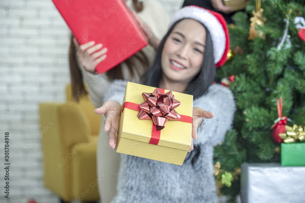 Young woman happy smile hold gift box in hands Young woman happy smile hold gift box in hands
