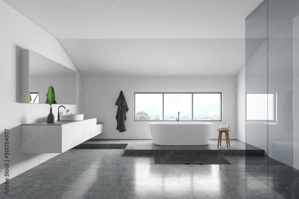 Minimalist white bathroom interior, tub and sink Minimalist white bathroom interior, tub and sink