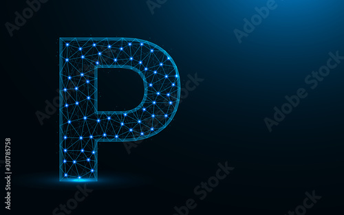 Letter P low poly design, alphabet abstract geometric image, font wireframe mesh polygonal vector illustration made from points and lines on dark blue background