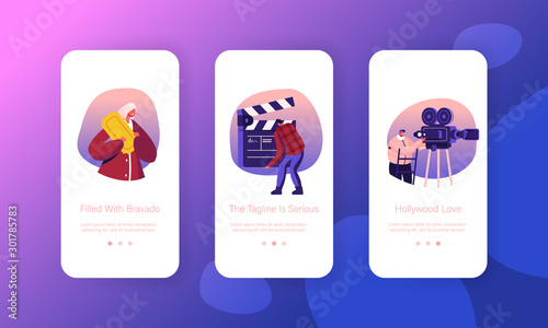 Cinematograph Industry Mobile App Page Onboard Screen Set. Operator with Camera, Staff with Clapperboard Recording Film. Movie Making Concept for Website or Web Page, Cartoon Flat Vector Illustration