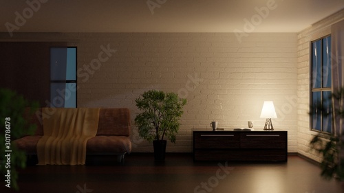 Empty room at night. Lamp on a table. 3D rendering. 3D illustration.