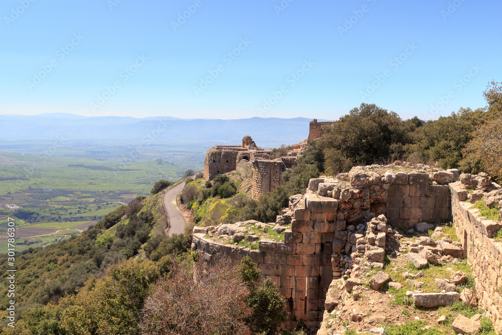 Castle Nimrod Fortress and street on Golan Heights in Israel