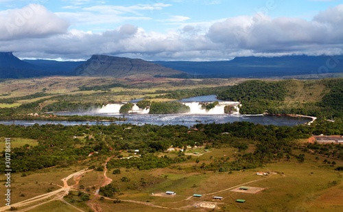 aerial view of the Canaima lagoon and his waterfall, Venezuela  photo