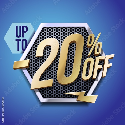 Up To 20 Off Special Offer Gold 3D Digits Banner, Template Twenty Percent. Sale, Discount. Technology. Metal, Gray, Glossy Numbers. Illustration On Blue Background. Ready For Your Design.