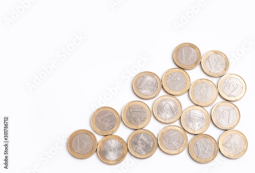 Euro coins, the currency of the EU, overhead