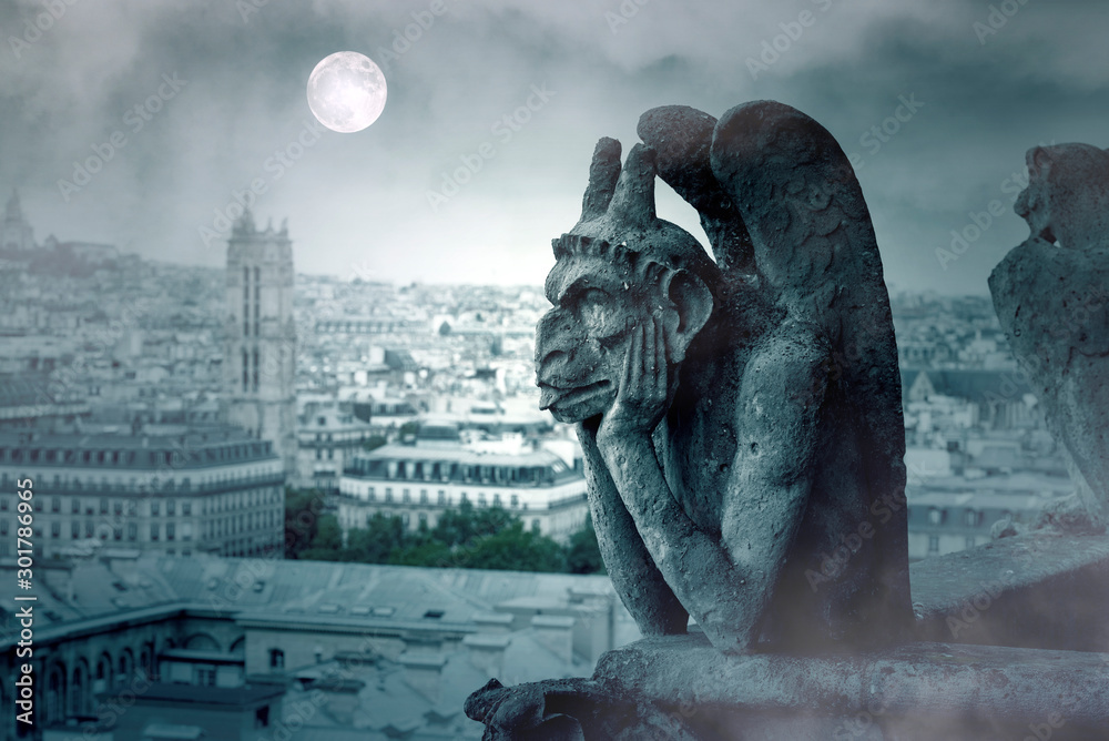 Foggy Night and Moon Light over The Gargoyles of Notre Dame in Paris - obrazy, fototapety, plakaty 