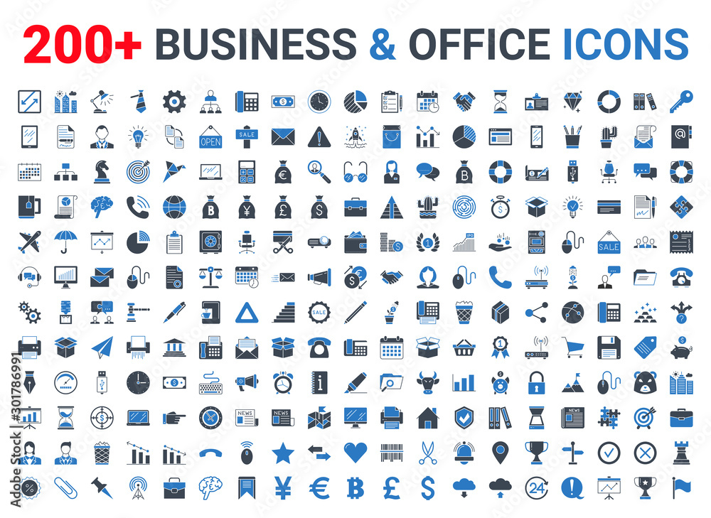 Business, office, finance icons set. Blue and Black Business, office, finance icons set. Blue and Black
