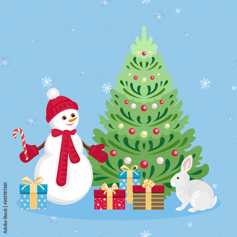 Christmas card. Cute snowman in red hat, scarf and mittens, Christmas tree, cute bunny, gift boxes on blue background with white snowflakes. Vector new year illustration in cartoon simple flat style. Christmas card. Cute snowman in red hat, scarf and mittens, Christmas tree, cute bunny, gift boxes on blue background with white snowflakes. Vector new year illustration in cartoon simple flat style.