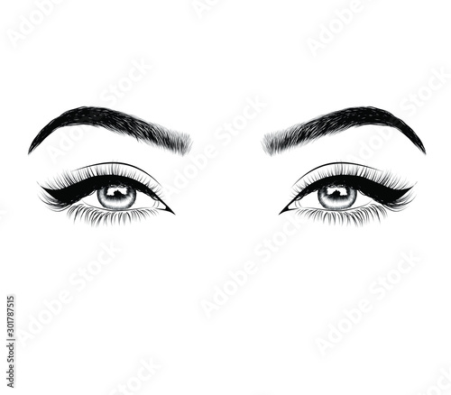  Fashion illustration of the eye with long full lashes. Hand drawn vector idea  Natural eyebrows and modern makeup
