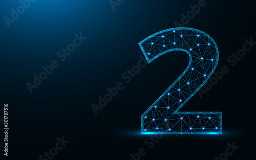 Number 2 low poly design, mathematics abstract geometric image, two wireframe mesh polygonal vector illustration made from points and lines on dark blue background