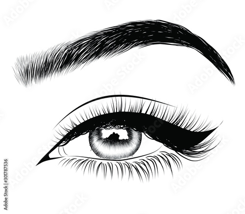  Fashion illustration of the eye with long full lashes. Hand drawn vector idea  Natural eyebrows and modern makeup