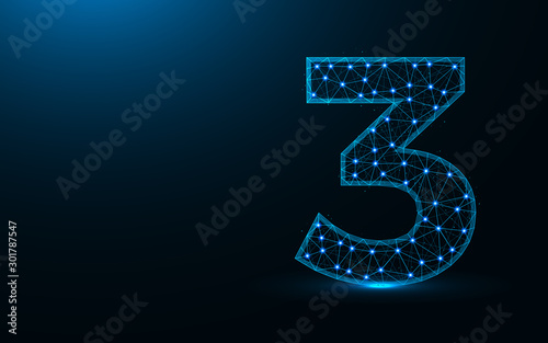 Number 3 low poly design, mathematics abstract geometric image, three wireframe mesh polygonal vector illustration made from points and lines on dark blue background