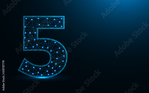 Number 5 low poly design, mathematics abstract geometric image, five wireframe mesh polygonal vector illustration made from points and lines on dark blue background