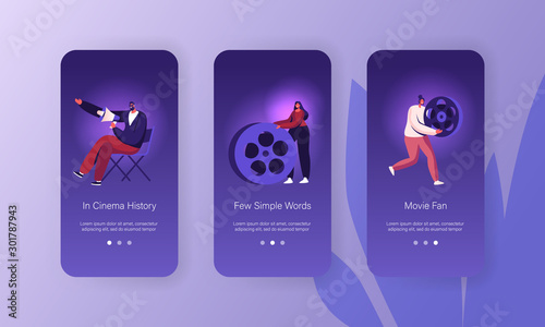 Video Studio Movie Shooting Mobile App Page Onboard Screen Set. Director Sitting on Stool with Loudspeaker Control Moviemaking Process Concept for Website or Web Page, Cartoon Flat Vector Illustration