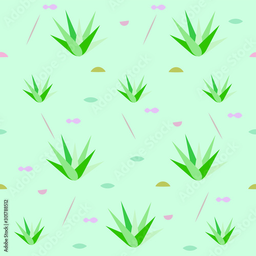Aloe, aloe plants or succulent plants and grass stalks, in sand by the seaside. With geometric elements and stylized shells. A stylized, seamless vector pattern or illustration on turquoise background