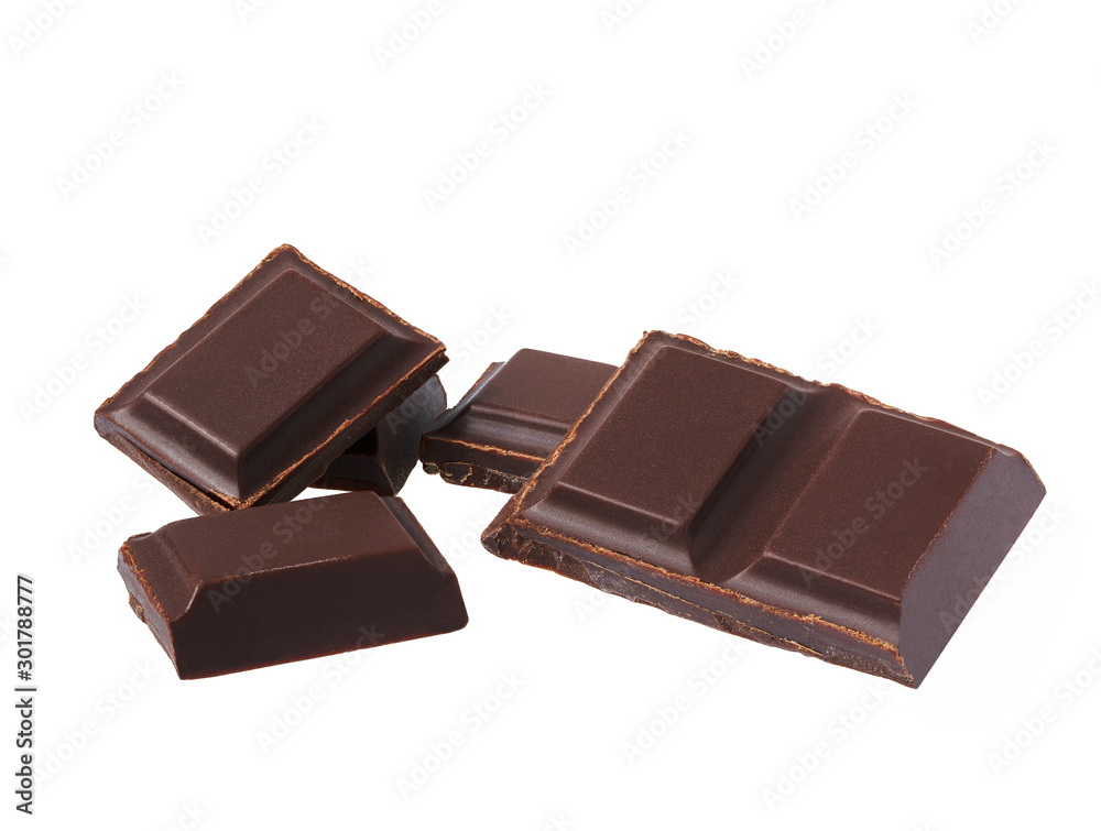 Dark chocolate pieces isolated on white background. Dark chocolate pieces isolated on white background.