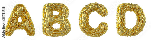 Realistic 3D letters set A, B, C, D made of crumpled foil. Collection symbols of crumpled gold foil isolated on white background.