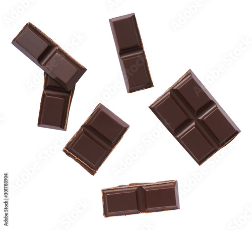 Dark chocolate isolated on white background, top view.
