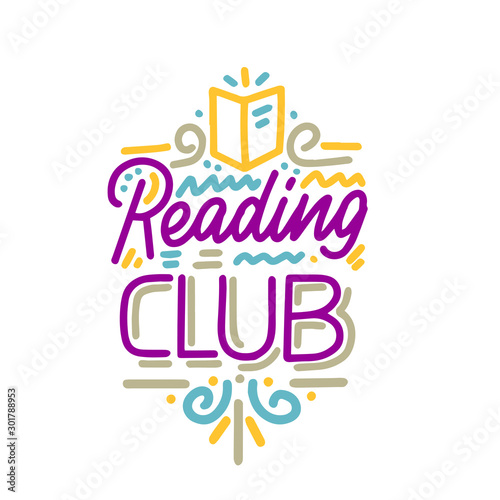 Vector illustration with hand-drawn lettering. "Reading club" inscription for invitation and greeting card, promo, prints, flyer, cover, and posters. 