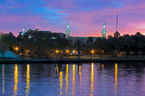 The minarets of the University of Tampa at sunset along the Hillsborough River near downtown Tampa  FL.