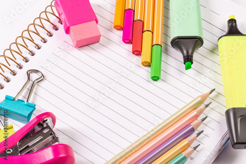 School supplies background with copyspace for back to school theme.