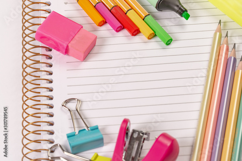 School supplies background with copyspace for back to school theme.
