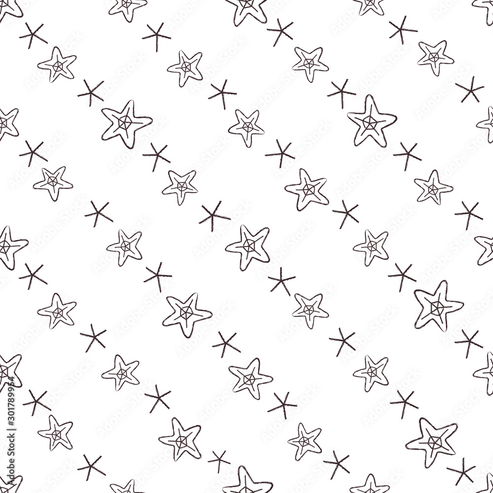 Obraz premium Seamless pattern with diagonal arrangement of hand-drawn stars and snowflakes