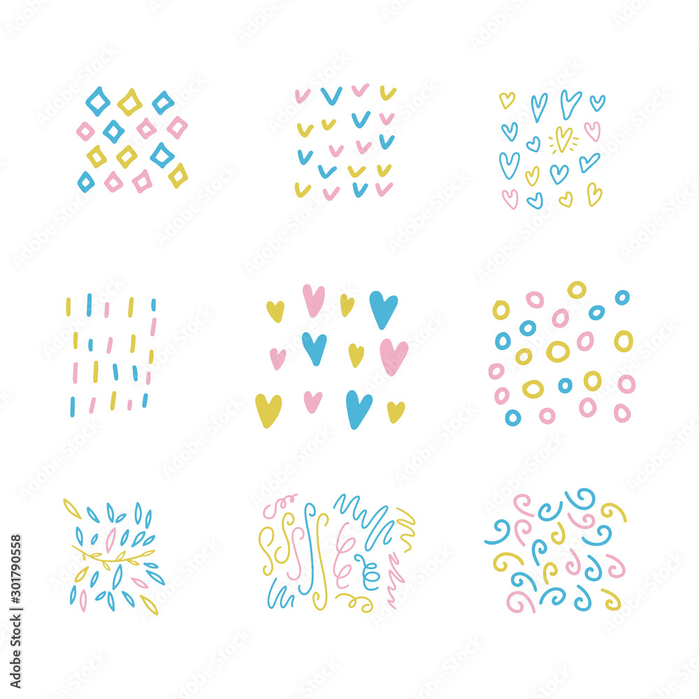 Baby shower Party hand drawn multicolor textures set. Triangles, curl, leaf, circle ornaments. Hearts cartoon clipart for birthday, Valentines postcard. Flourish, spiral isolated design elements