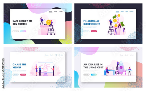 Investment and Business Startup Website Landing Page Set. Businesspeople Planting and Care of Money Tree, Colleagues Developing Start Up Launch Rocket Web Page Banner. Cartoon Flat Vector Illustration