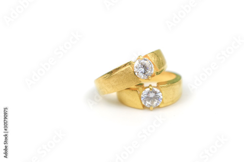 Gold diamond Wedding  Ring isolated on white background place for text