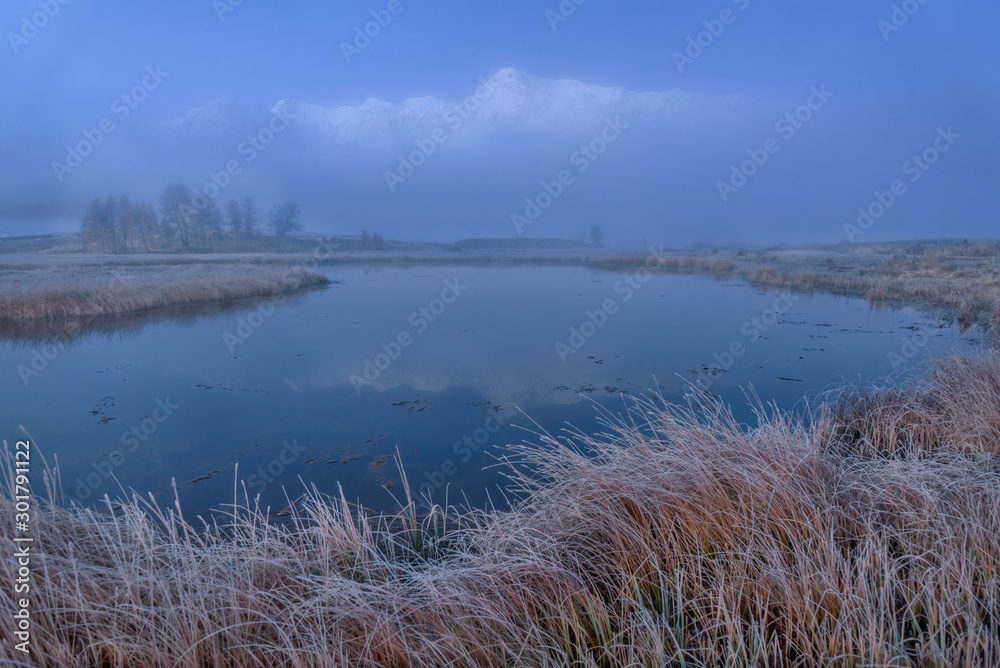 mountains lake fog reflection dawn blue