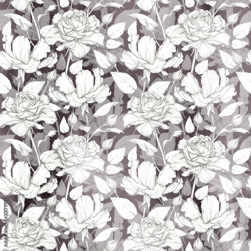 Seamless graphic pattern of beautiful roses. Pensil drawing. Vintage floral background.