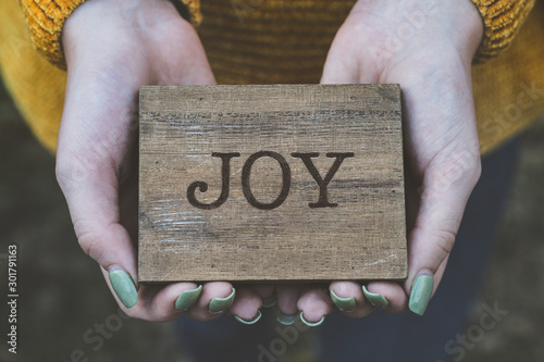 Two hands holding a block of wood that says Joy photo