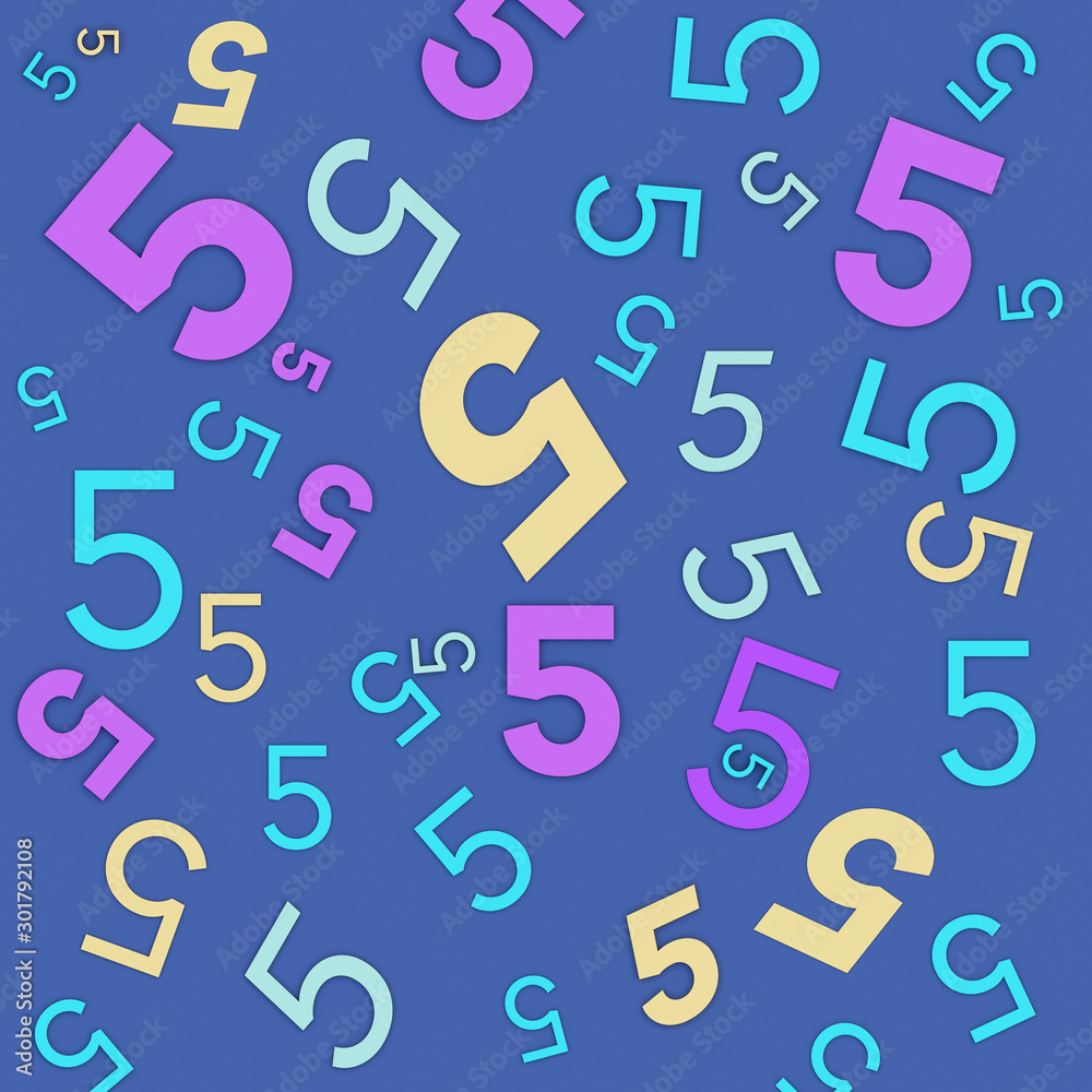 Colorful number five (5) in various sizes scattered chaotically on background 3d rendering; top view