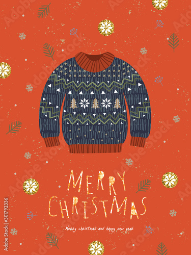 Merry Christmas and a happy new year! Vector illustration of a cute knitted sweater with winter ornament for greeting card, poster, banner or background.