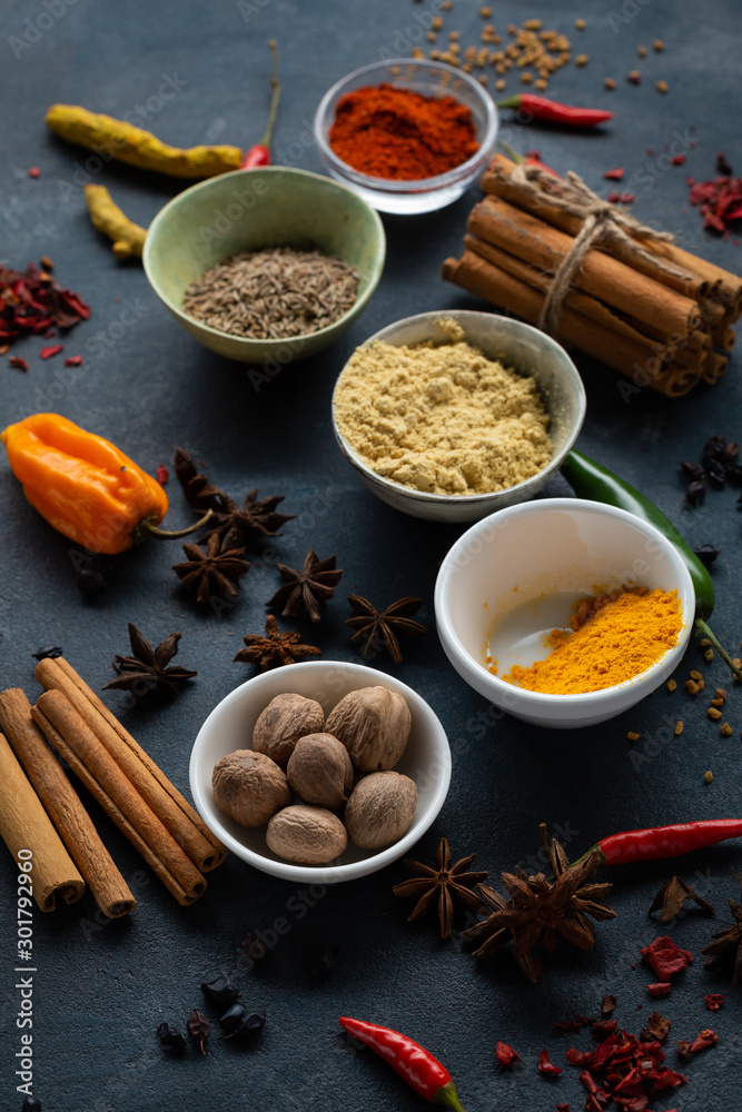 Aroma and colorful spice and seasoning close-up Aroma and colorful spice and seasoning close-up