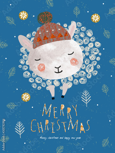 Merry Christmas and a happy new year! Cute vector illustration of animal lamb in santa claus hat for holiday card, poster, postcard or background.