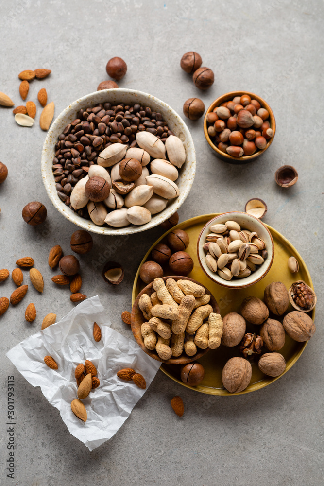Mix of assorted nuts, almond and pine nuts top view