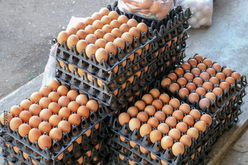 chicken fresh eggs, white and beige, on display in a local farmers market, in order in carton, ready to be sold, Egg panels sold in the fresh market. Songkhla Province, Thailand photo