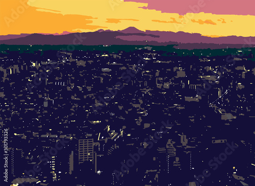 Vector - Tokyo Skyline with Mt. Fuji in Background at Sunset