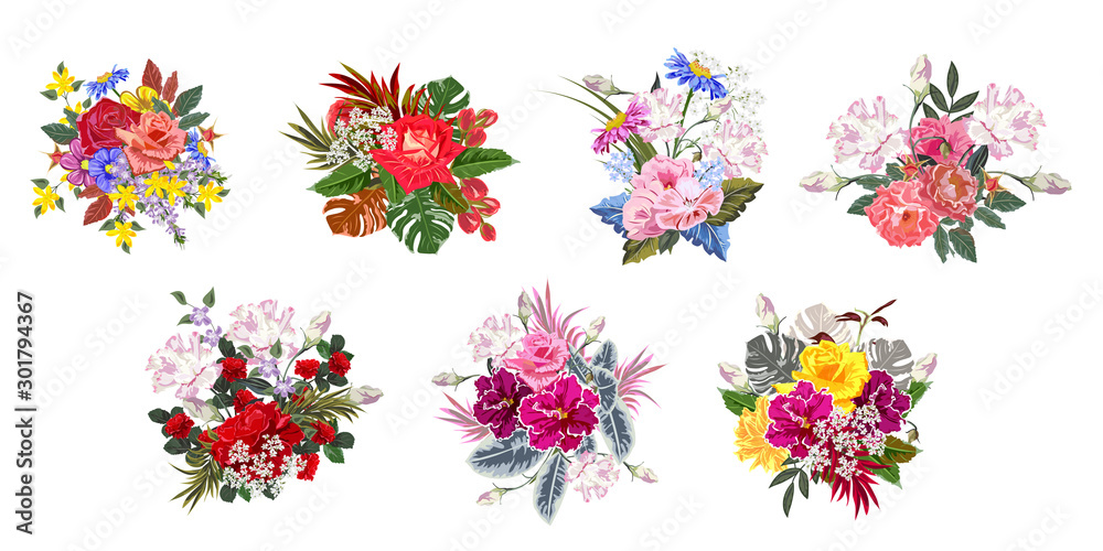 Set of bouquets of beautiful painted flowers. Decor elements for greeting cards, wedding invitations, birthday and other celebrations. Isolated on white background.
