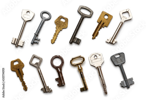 old keys isolated on white background. Flat lay, top view.